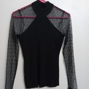 Black mock turtleneck with mesh sleeves